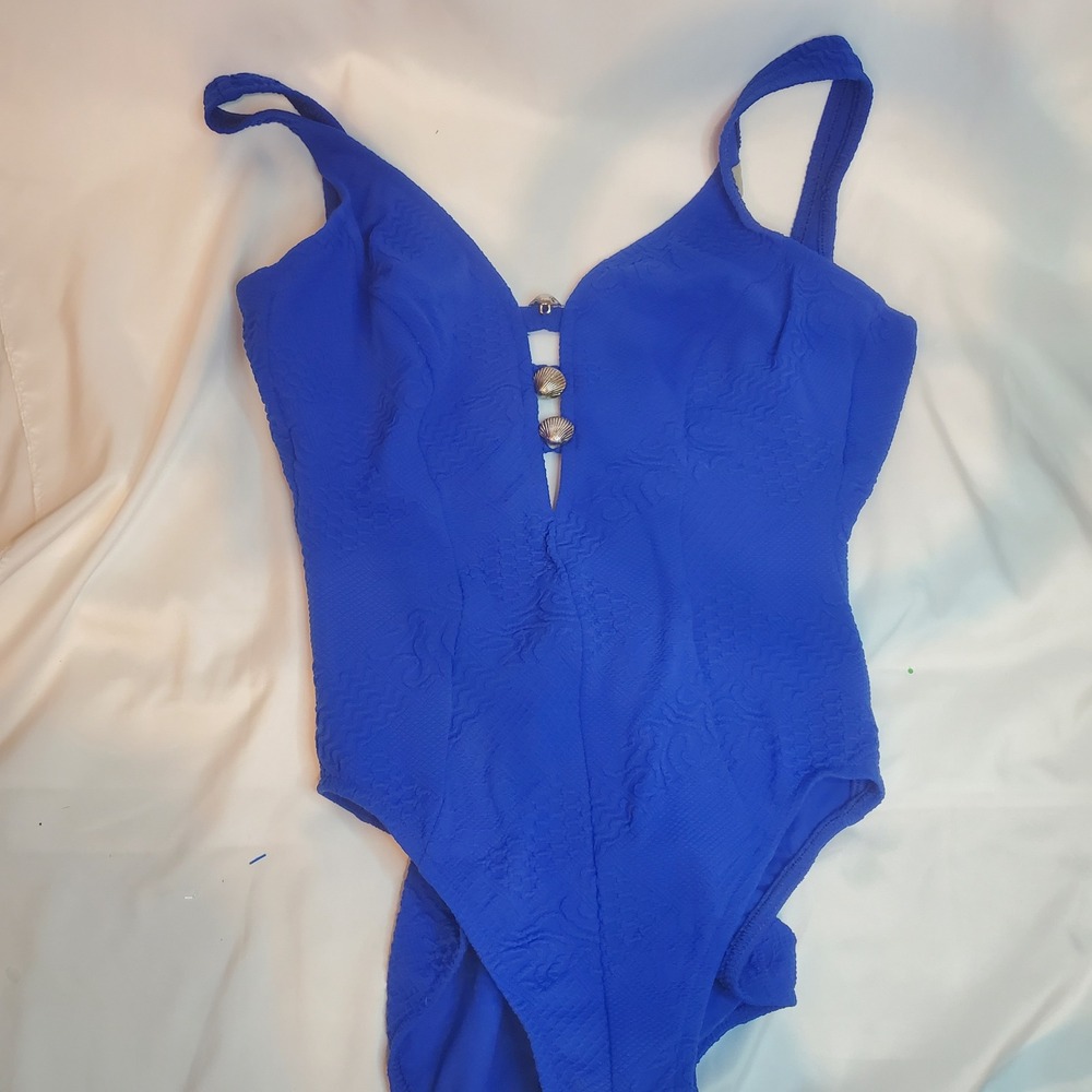 Blue Textured One Piece‎ Swimsuit Shell Button Detail Unique Bathing Suit